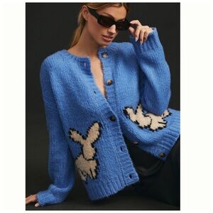 NWT Anthropologie Maeve Bunny Slope Cardigan front buttons Sweater in Blue, L